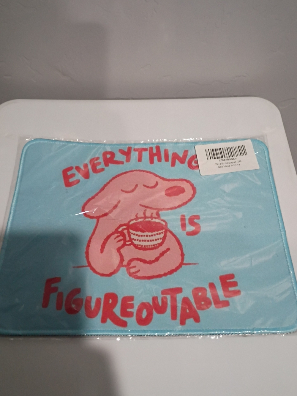Blue Mat with Pink Cartoon Dog and Red Text "Everything is Figureoutable"